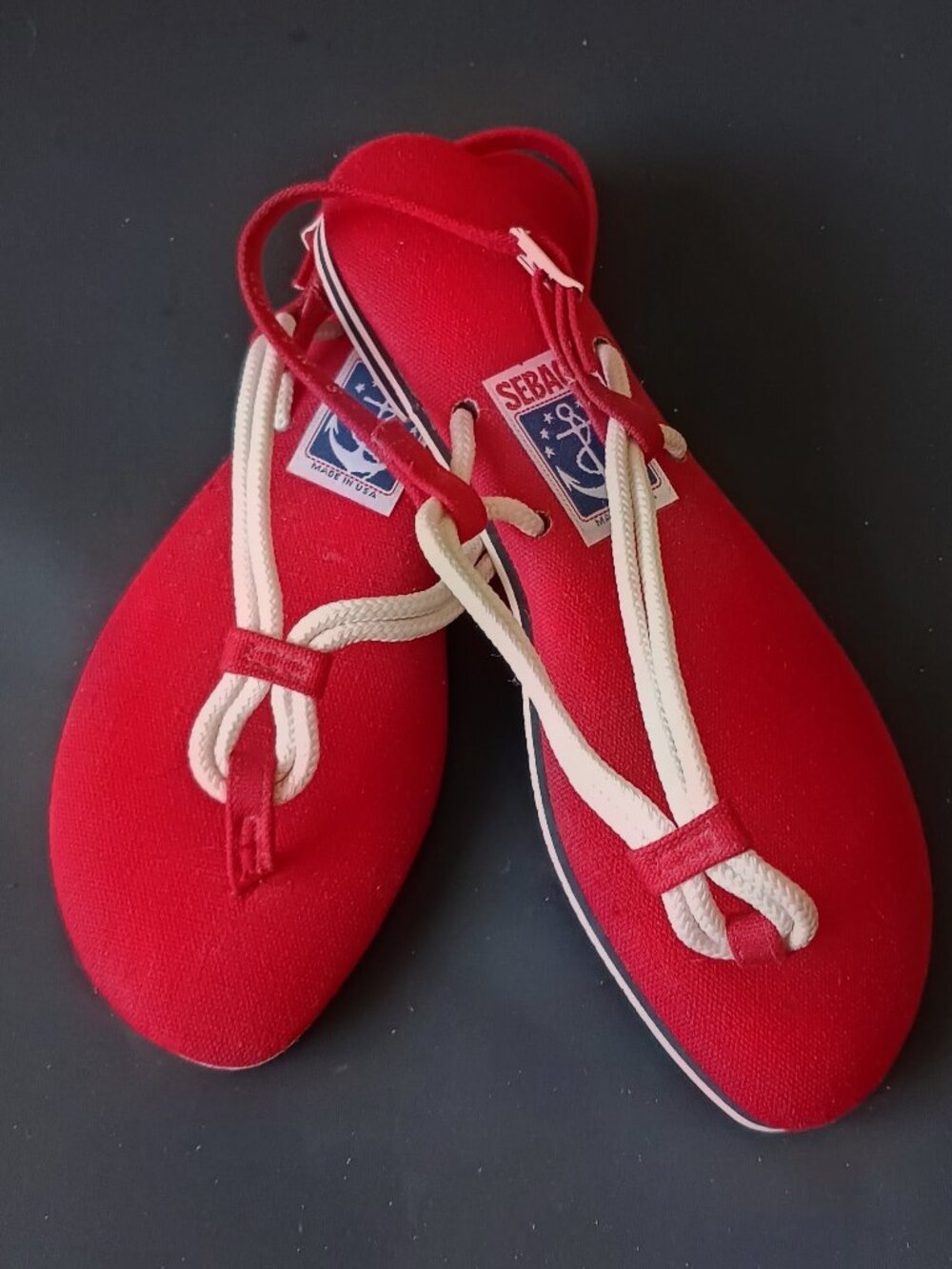 Vintage SEBAGO DOCKSIDES Nautical Rope Sandals - Denim & White - Size 8